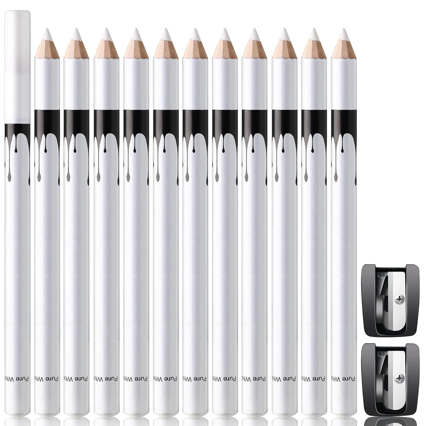 12 Piece White And Black Eyeliner Pencil Set For Eyebrows, Eyeshadow And Lips. Includes Sharpener. Waterproof , Long-lasting
