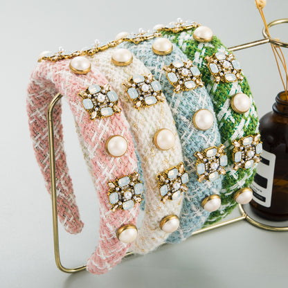 Korean Ins Headband Classic Style Color Glass Drill Pearl Hair Accessories