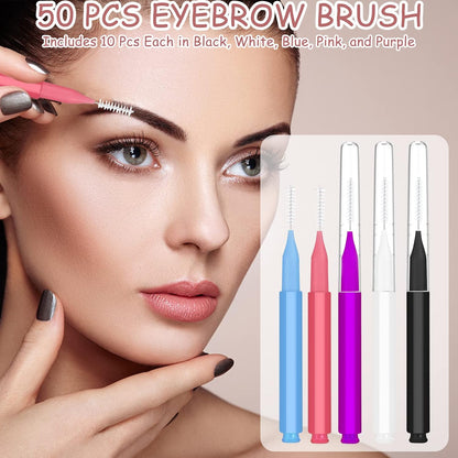 20 50 80 Pcs Micro Eyebrow & Lash Brush Set With Caps. Multifunctional For Brow Lamination, Extensions & Makeup. Includes Spoolies & Angled Brushes In 5 Colors. Ideal For Pros, Beginners & Travel